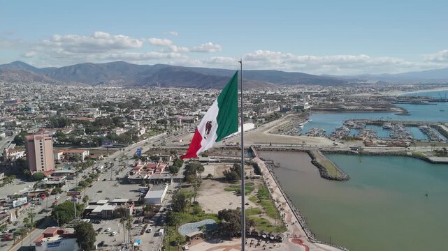 Mexican Flag Closeup Drone in Ensenada Metropolitan near Cruise Terminal