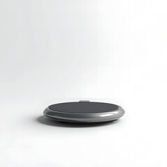 Sleek futuristic VR treadmill with metallic circular base and dark support ring, detailed 3D render on a clean white background