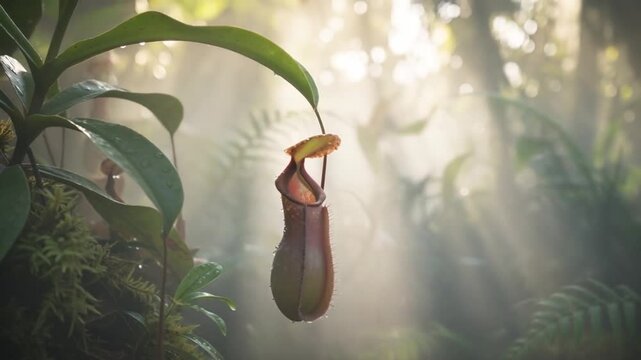 Nepenthes in soft misty atmosphere, dreamy natural environment