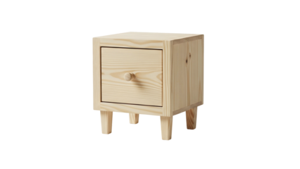 Wooden, simple nightstand with drawer and rounded pull, on a black background