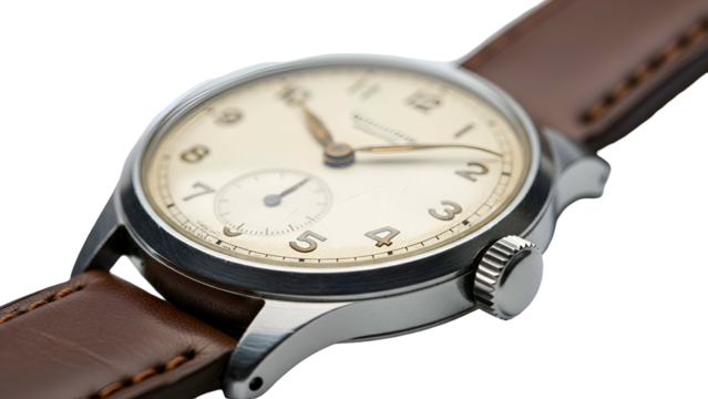 A close-up of a vintage-style wristwatch with a cream dial and leather strap