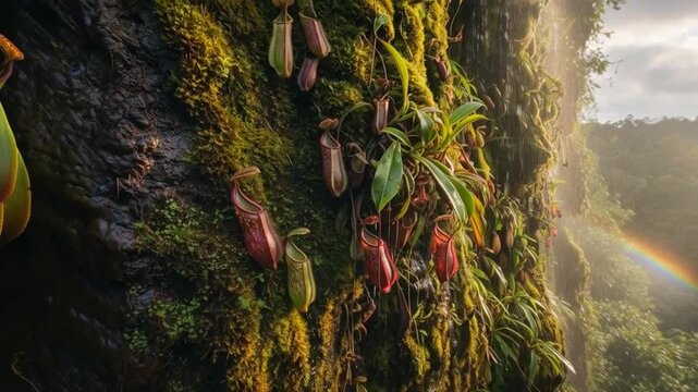 nepenthes growing on moist moss covered rocky cliff, dramatic natural atmosphere