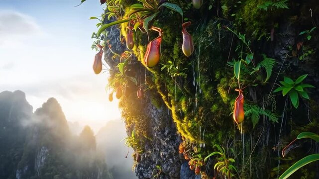 nepenthes growing on moist moss covered rocky cliff, dramatic natural atmosphere