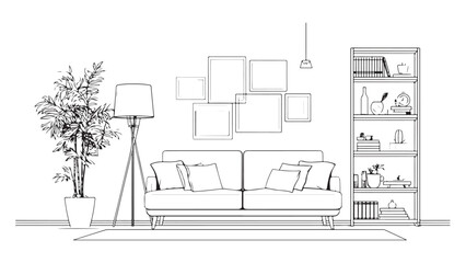 Cabinet with lamp and shelf with home plant in continuous one line drawing. Indoor furniture with frame for modern design in simple linear style. Editable stroke. Doodle oneline vector illustration © Uttpol Saha