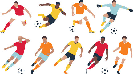 Dynamic football players in action, diverse soccer athletes running, kicking, dribbling with ball, colorful sports illustration for competition, teamwork, energy concept