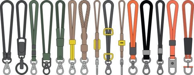Colorful wrist lanyards collection, assorted strap designs, keychain loops, modern accessory set, vector illustration, fashion straps, adjustable wrist straps, durable loops
