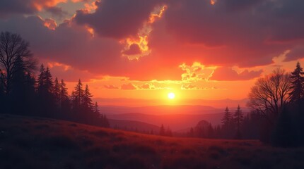 Vibrant sunset over forested hills with dramatic clouds and a warm orange glow in the sky