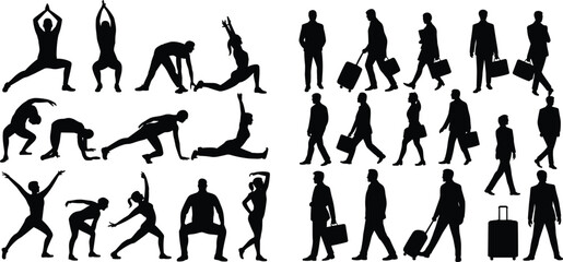 Silhouettes of people doing yoga, stretching, fitness exercises and business professionals walking with luggage, travel, corporate lifestyle, active human poses