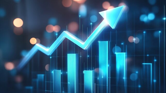 A blue arrow pointing upwards on an upward graph of stock market charts representing rising financial data with blurred background.