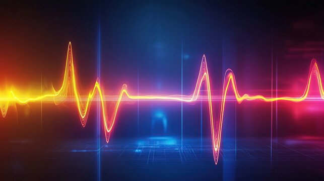 A vibrant sound wave diagram glowing in neon colors on a dark background symbolizing the energy and rhythm of music for wallpaper design.