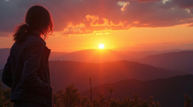 A woman watches the sun set over the mountains with a beautiful orange and yellow sky above her