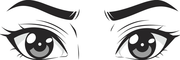 Expressive cartoon anime eyes illustration with bold lashes, detailed reflections, stylish eyebrows, vector art design for character emotion concepts