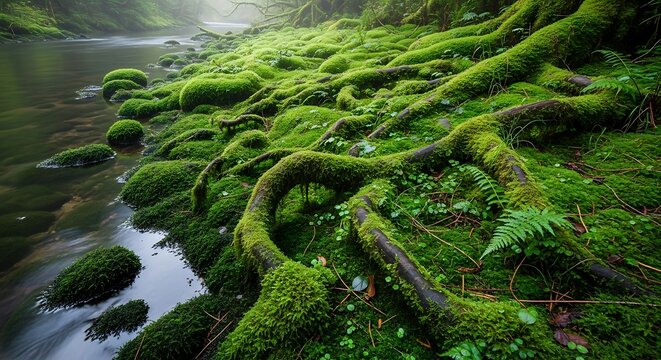 Lush Green Moss Covered Tree Roots Beside Flowing Stream in Enchanted Forest.