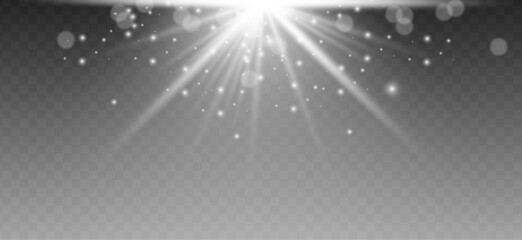Intense white energy burst with radiating light beams and floating sparkle particles on a transparent background, high-contrast lens flare effect