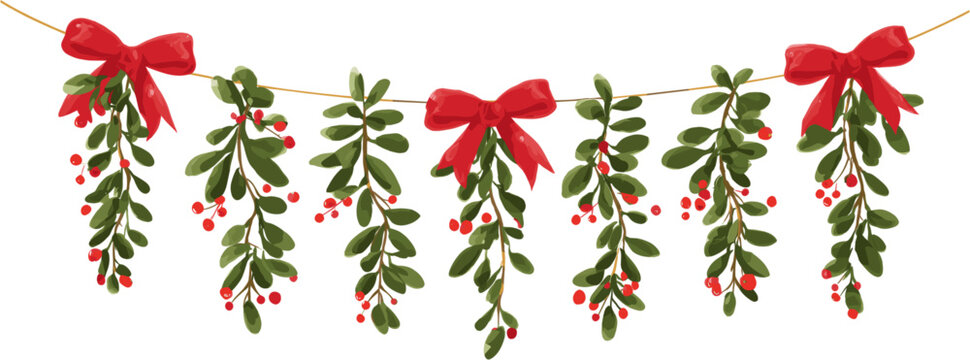 Hanging Christmas mistletoe and bow garland. Vector design illustration for Decoration