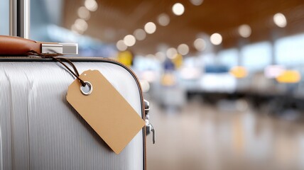 Silver travel suitcase with blank luggage tag standing a bustling airport a journey ready terminal,