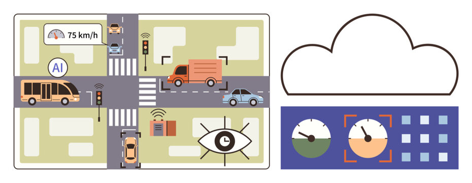 AI-monitored traffic system with vehicles, sensors, traffic lights, a cloud, and speed data. Ideal for transportation, innovation, technology, smart cities sustainability efficiency future tech