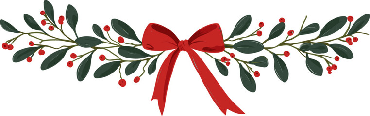 christmas mistletoe and bow garland, a simple flat vector illustration with a white background