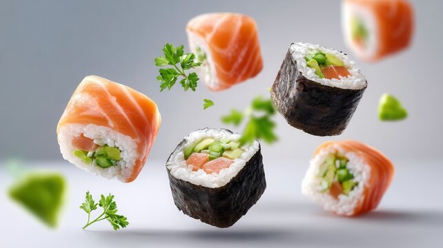 Fresh salmon sushi rolls and nigiri pieces floating dynamically, prepared with rice, nori, and seeds sesame - Powered by Adobe
