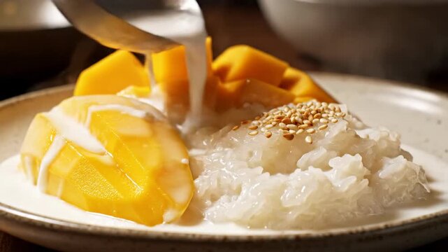 Delicious Mango Sticky Rice with Coconut Milk and Sesame Seeds, a Sweet Thai Dessert