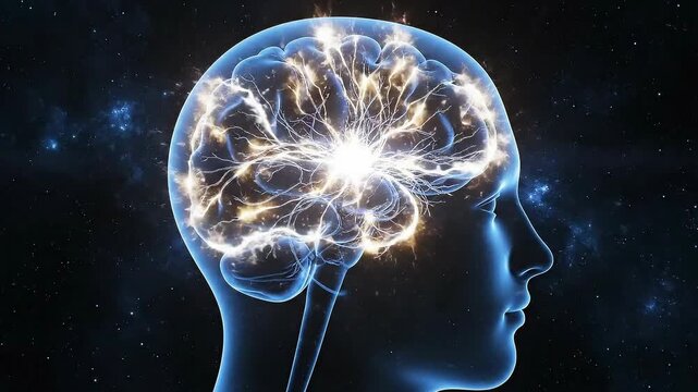 Conceptual animation of neural network activity in the human brain against a cosmic background.