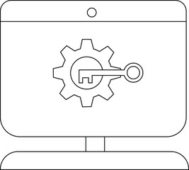 A desktop computer display shows a gear and key icon