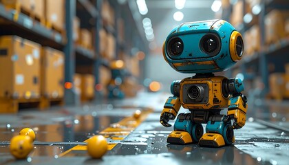 Cute, retro robot stands in a blurry warehouse among boxes, with soft focus and blue/yellow scheme