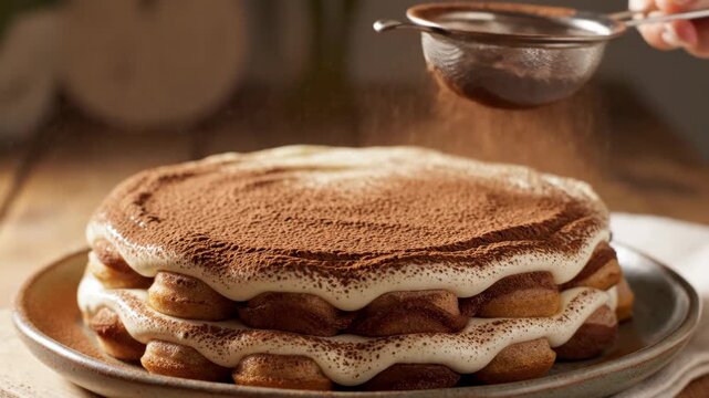 A close-up shot of a perfectly prepared homemade tiramisu dessert, elegantly dusted with a fine layer of rich cocoa powder by hand, enhancing its classic Italian charm and delicious appeal