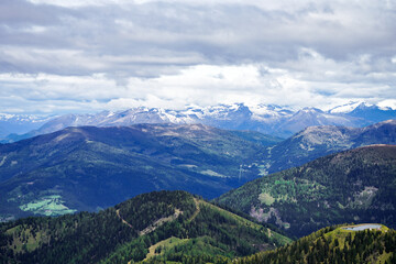 View of the Nockberge mountains. Nature near Bad Kleinkirchheim in Austria. Idyllic mountain scenery. Carinthian Nockberge.
