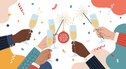 A festive celebration scene with diverse hands toasting with champagne glasses and sparklers for a new year or christmas party.
