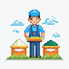 Pixel art illustration of a worker in blue overalls holding a tray, standing between two bins filled with different materials, depicting sorting or farming.