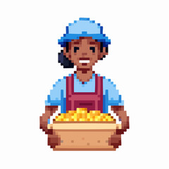 Pixel art illustration of a smiling person, possibly a miner or treasure hunter, wearing a blue hat and red apron, holding a basket full of golden coins or nuggets.