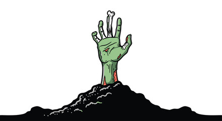 A creepy and cartoonish green zombie hand with an exposed bone reaching out from a pile of dirt on a white background.