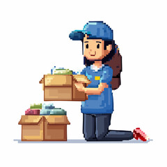 Pixel art illustration of a person in a blue uniform kneeling and sorting clothes into cardboard boxes, possibly for donation or packing.