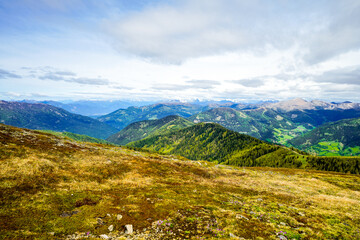 View of the Nockberge mountains. Nature near Bad Kleinkirchheim in Austria. Idyllic mountain scenery. Carinthian Nockberge.
