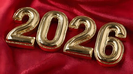 The golden numbers with the inscription "2026" stand out against the shimmering dark red fabric.