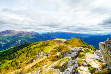 View of the Nockberge mountains. Nature near Bad Kleinkirchheim in Austria. Idyllic mountain scenery. Carinthian Nockberge.
