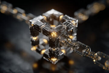 Sophisticated 3D rendering of a blockchain concept showing interconnected digital blocks linked by chains, ideal for illustrating cybersecurity, data, and modern finance solutions