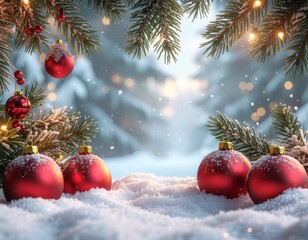 Cozy Christmas background with candy canes, glowing warm lights, pine branches, and falling snow on a soft festive surface. Generative AI.