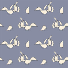Garlic pattern, hand drawn stylized sketch on pastel violet background. Cooking and spices, aromatic food.