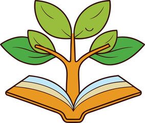 A creative illustration of a tree growing from the pages of an open book, symbolizing knowledge, growth, imagination, nature, learning, wisdom, education, and storytelling in a clean vector style.