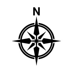 Solid Black Compass Rose Icon with North Indicator | Navigation Geography Symbol Vector