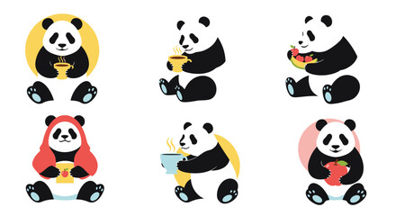Set of six adorable cartoon pandas sitting and holding various items like tea fruit and an apple for cute character designs.