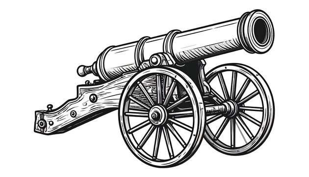 Detailed illustration of a vintage cannon on wheels, depicted in a monochrome, sketch-like style against white