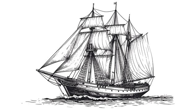 Detailed ink sketch of a three-masted sailing ship on water, sails full, in black and white against a plain background - Powered by Adobe