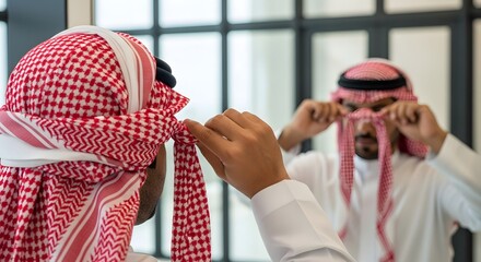 Back-view of a Bahraini or Saudi man’s hands tying a traditional red-checkered ghutra knot. The clever reflection in a mirrored window focuses solely on the precise finger movement.

