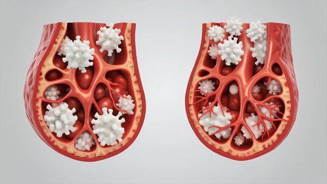 Cross-section of healthy vs. diseased blood vessels with white blood cells