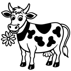 Cartoon cow with flower isolated on, smiling