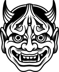 Fototapeta premium Traditional Japanese Oni demon mask illustration in bold black and white shading style.