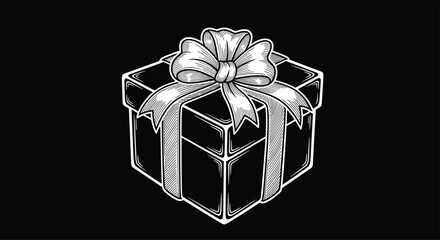 Vintage engraving-style illustration of a gift box with a large ribbon bow in black and white on a black background.